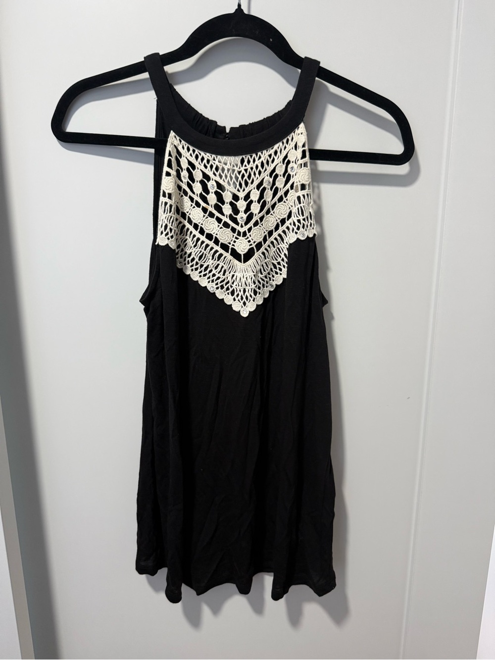 INC International Concepts Black Tank with Cream Crochet Bib